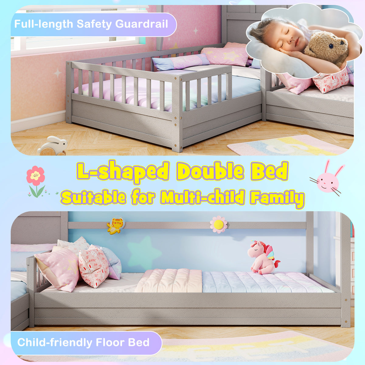 L-shaped Double Twin Beds House Platform Beds with Fences Corner Bed Frame