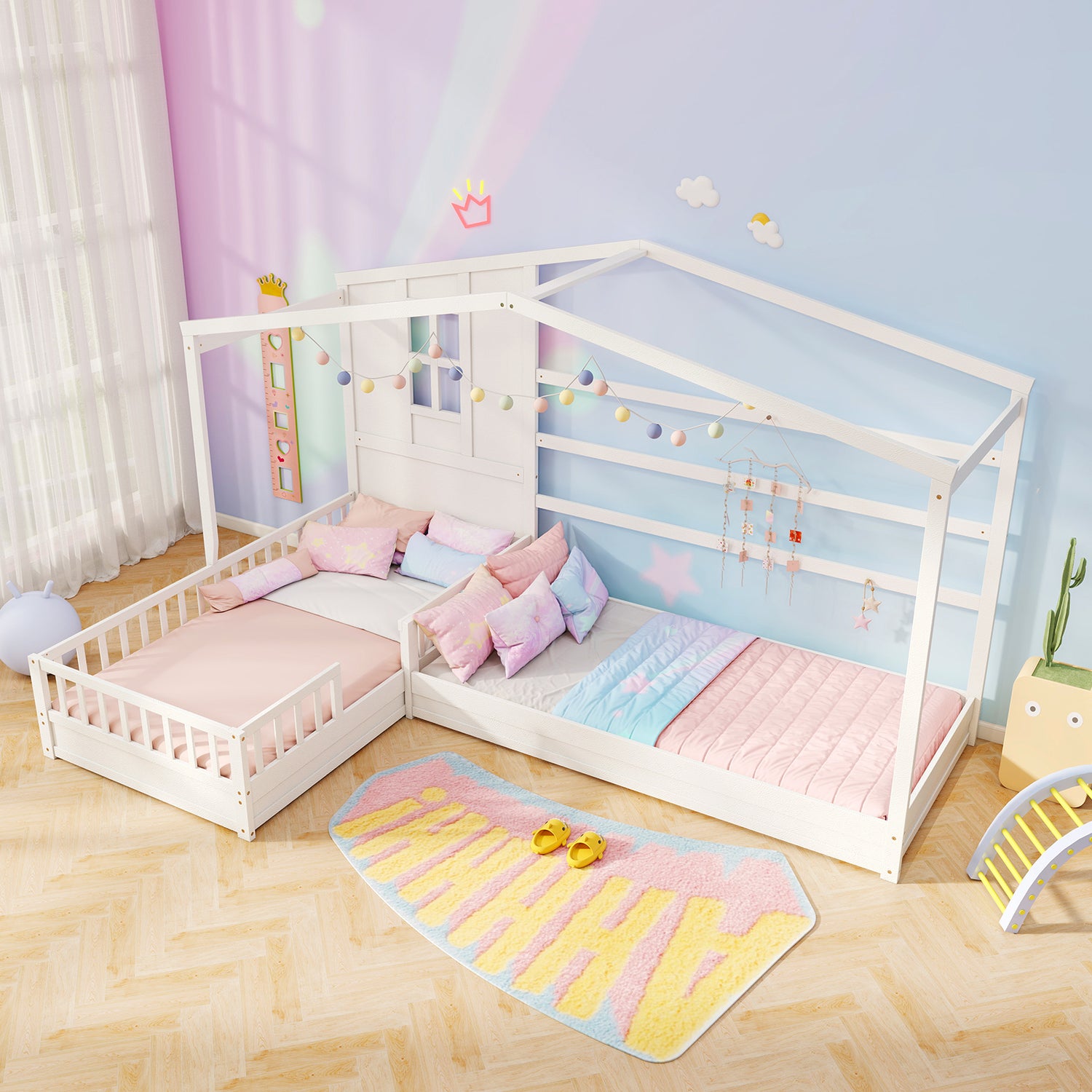 L-shaped Double Twin Beds House Platform Beds with Fences Corner Bed Frame