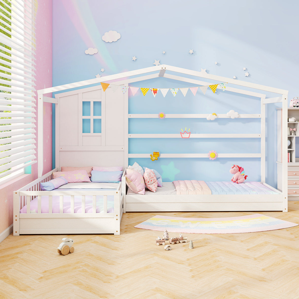 L-shaped Double Twin Beds House Platform Beds with Fences Corner Bed Frame