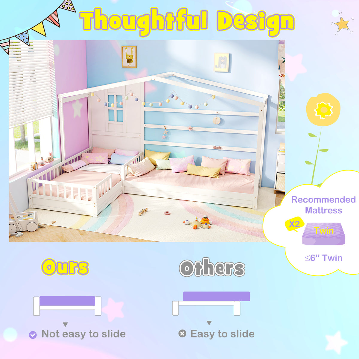 L-shaped Double Twin Beds House Platform Beds with Fences Corner Bed Frame
