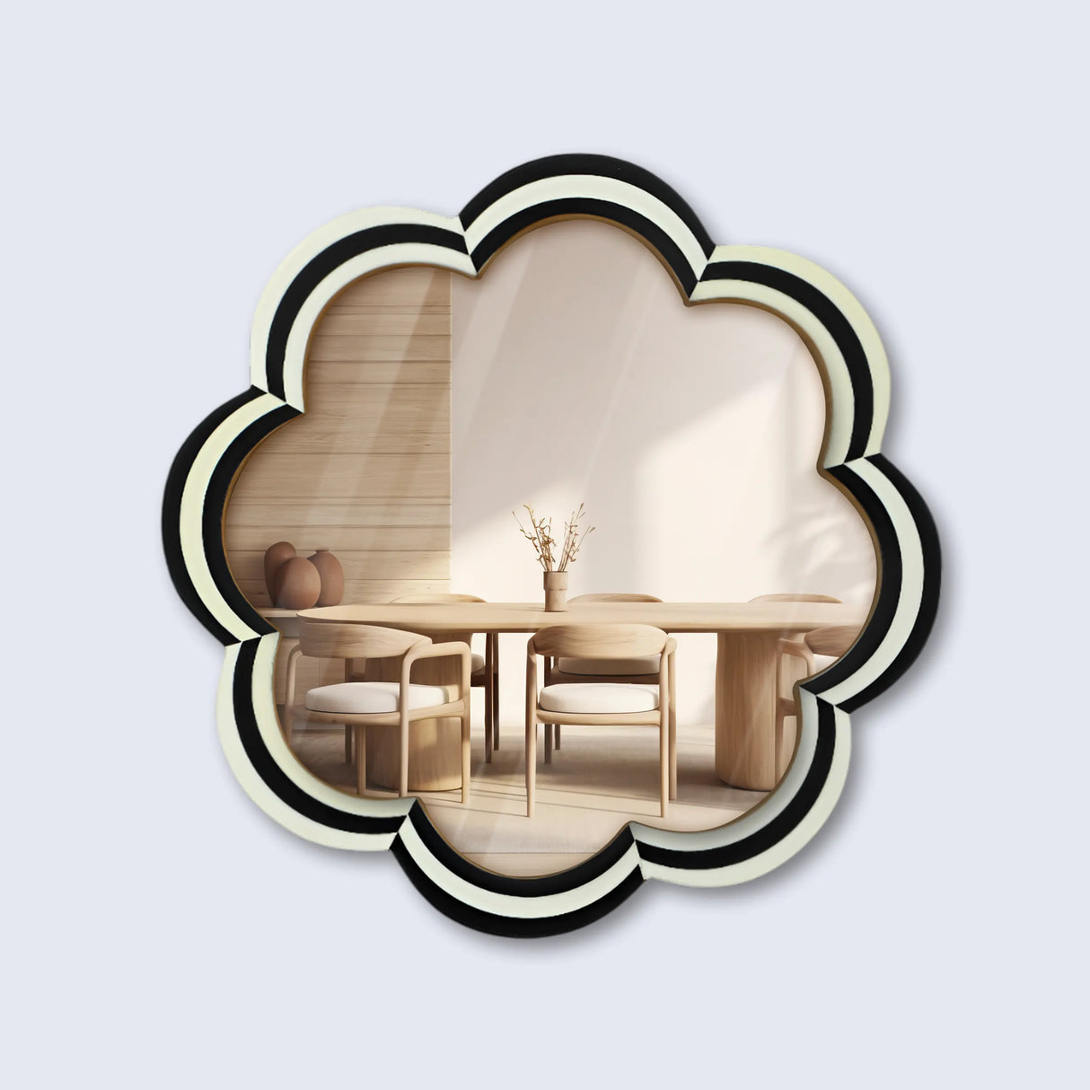 15" Black & White Resin Inlay Round Scalloped Boho Wall Mirror