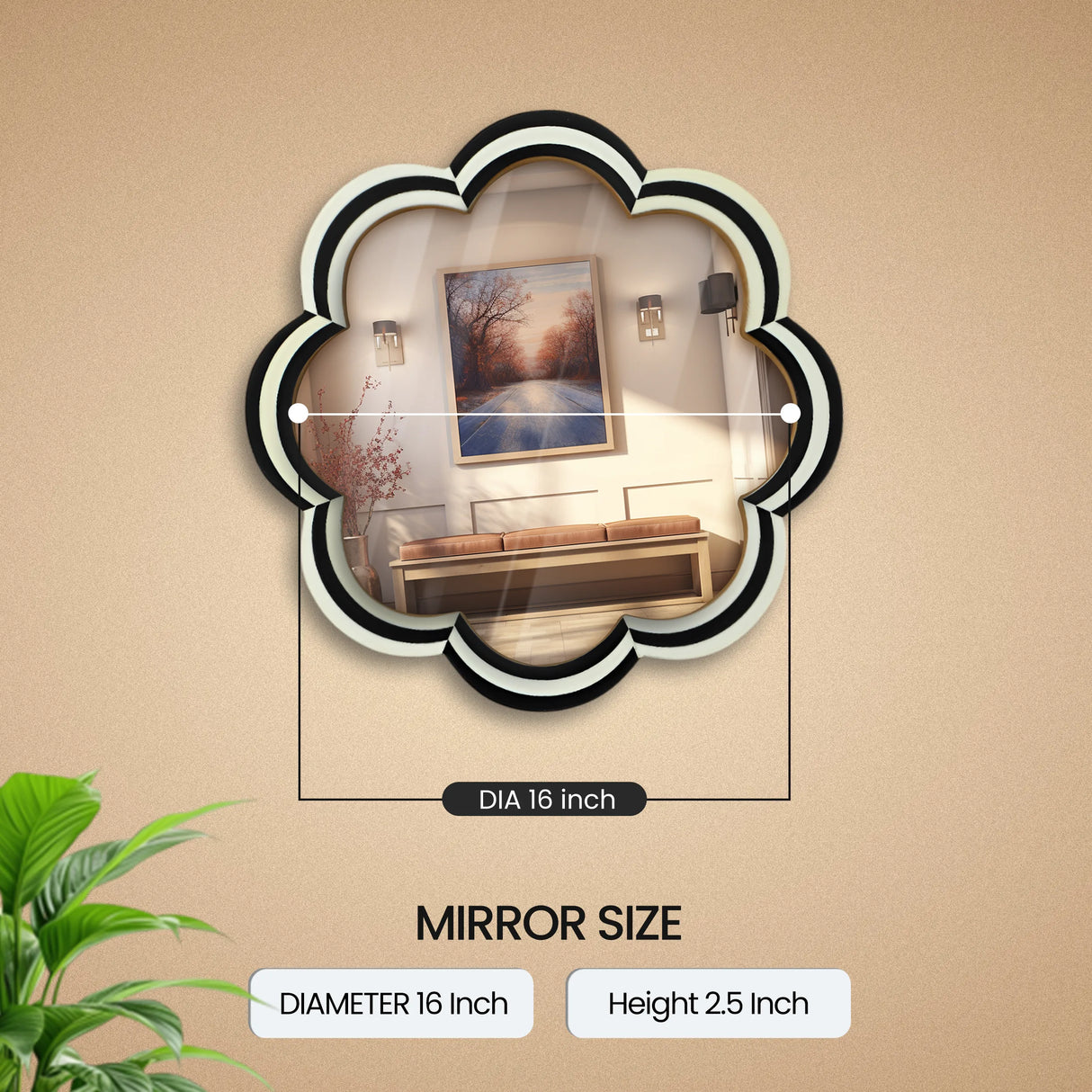 15" Black & White Resin Inlay Round Scalloped Boho Wall Mirror