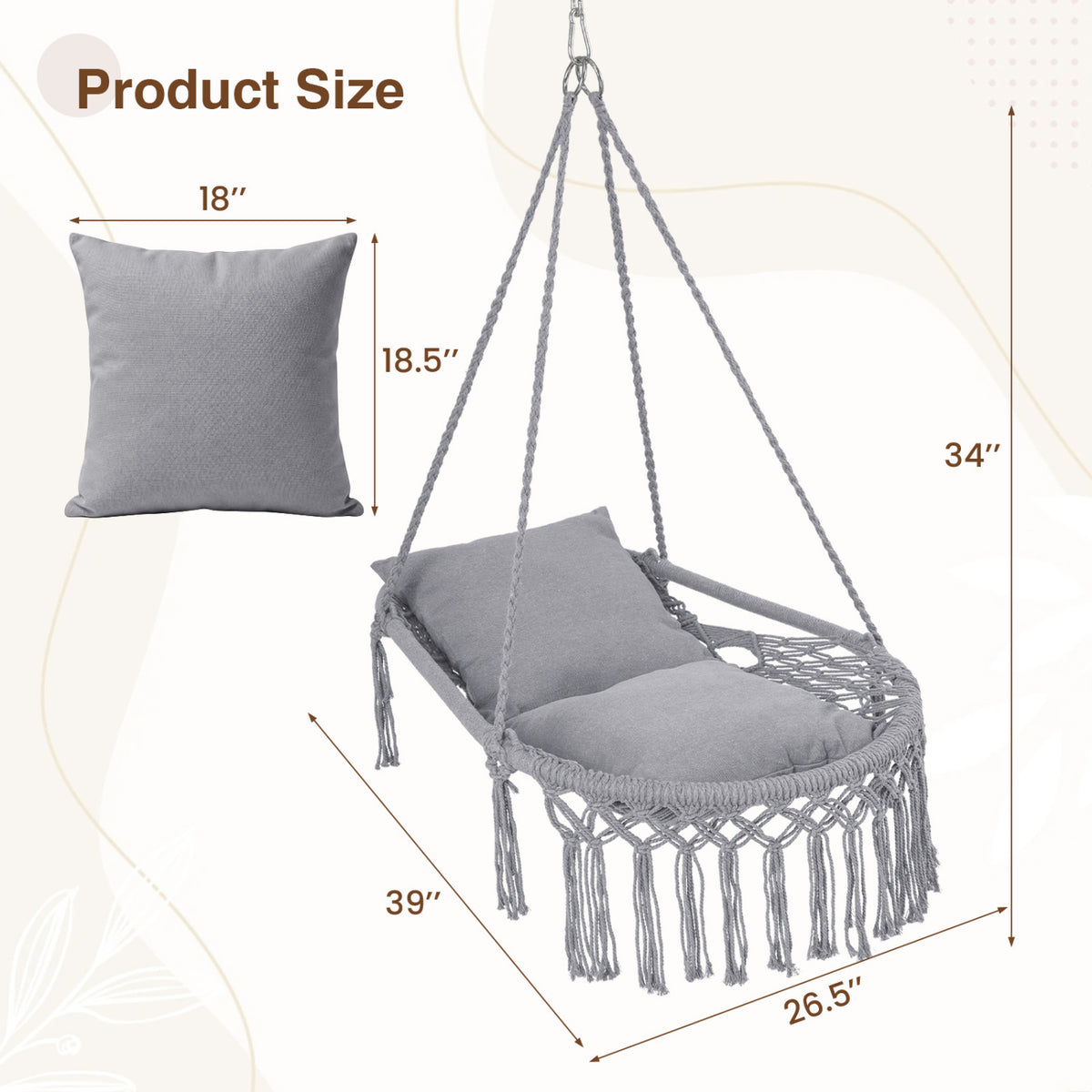 Macrame Swing Chair Hammock Chair with 2 Removable Cushions