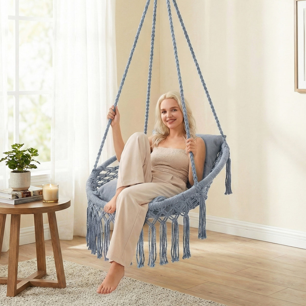 Macrame Swing Chair Hammock Chair with 2 Removable Cushions