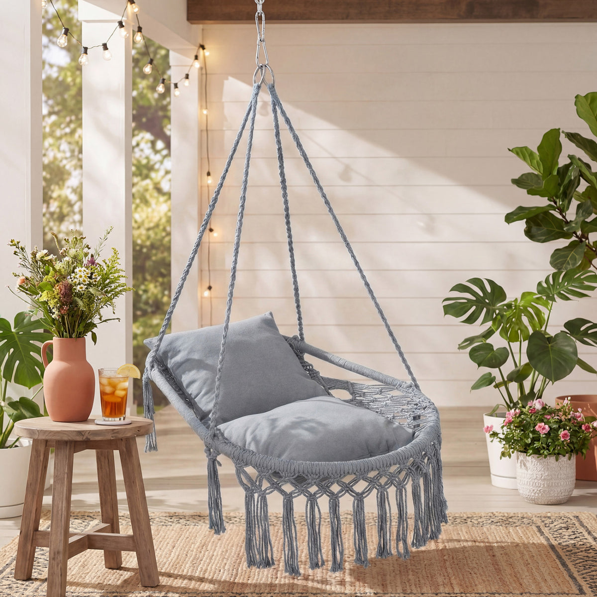 Macrame Swing Chair Hammock Chair with 2 Removable Cushions
