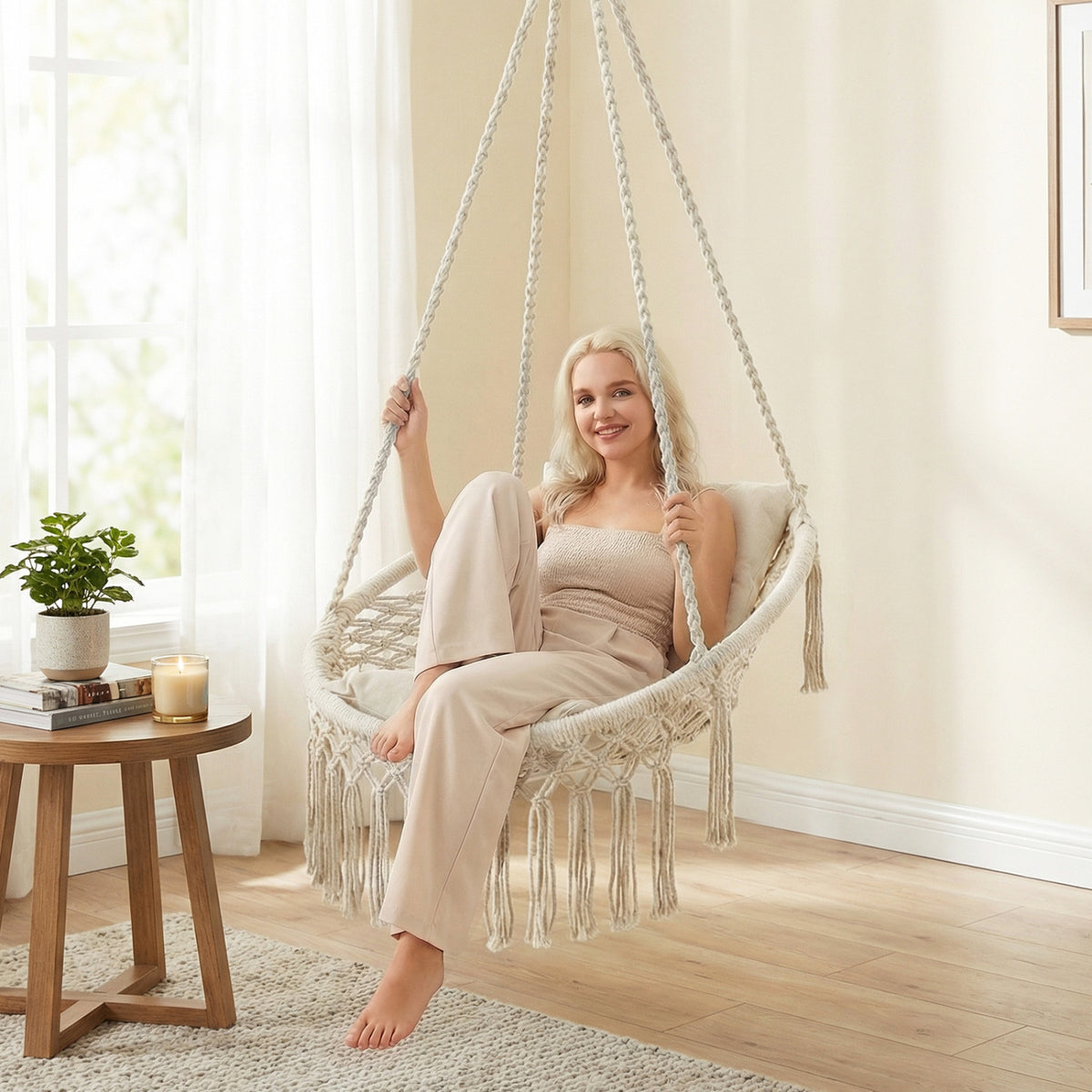 Macrame Swing Chair Hammock Chair with 2 Removable Cushions