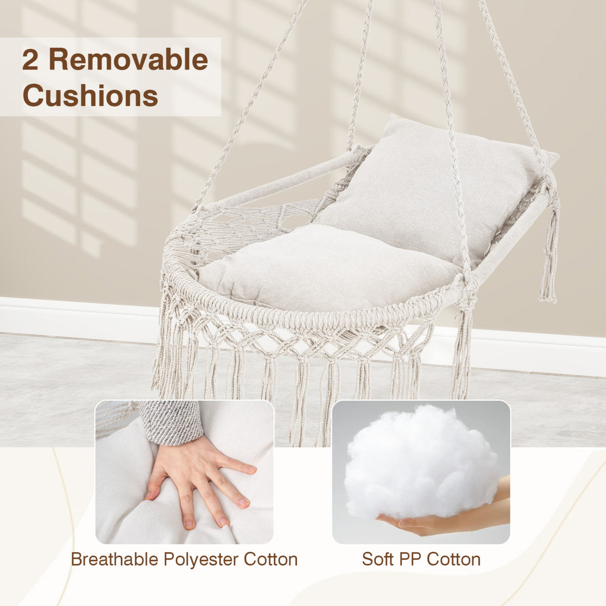 Macrame Swing Chair Hammock Chair with 2 Removable Cushions