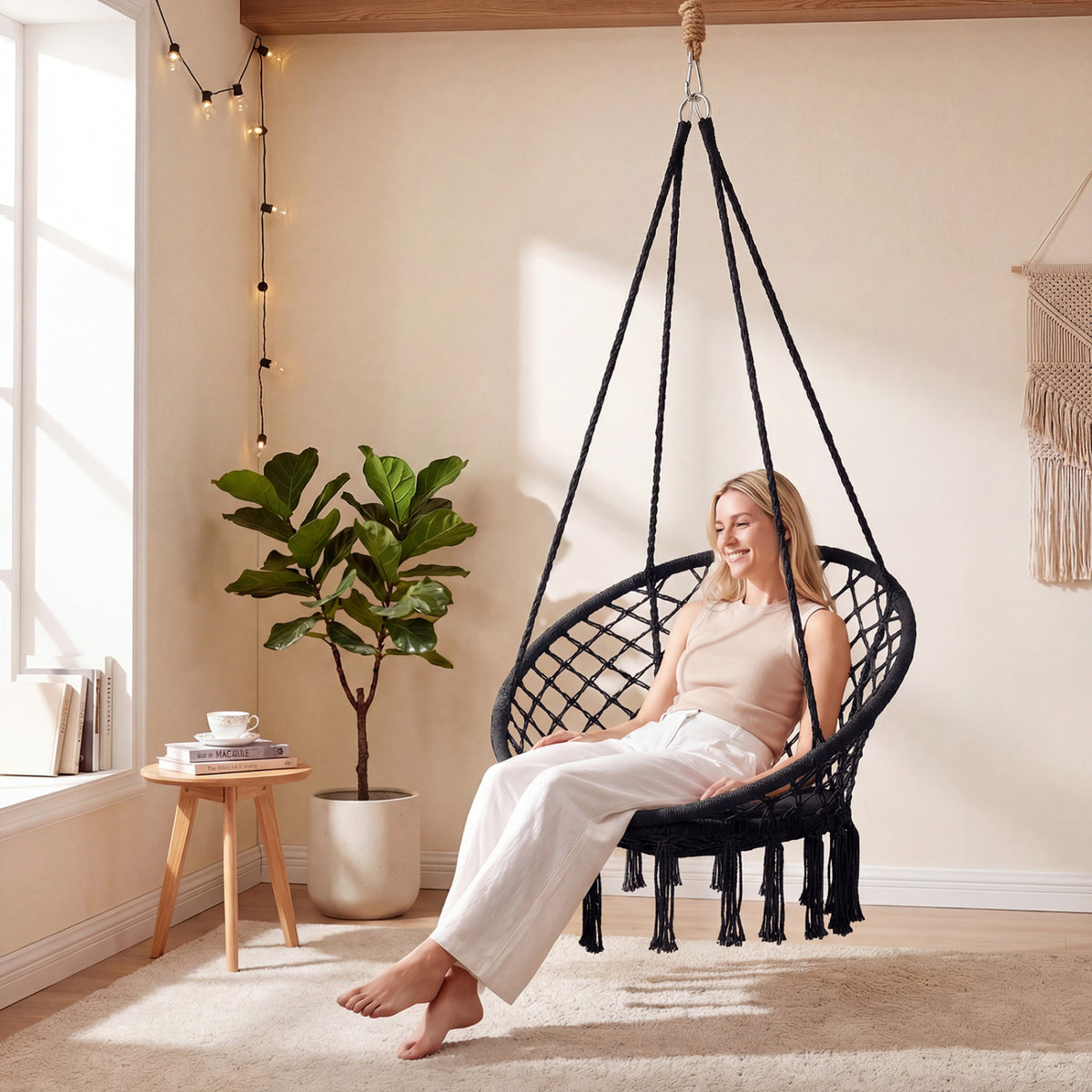 Macrame Swing Chair Hammock Chair with Round Seat Cushion