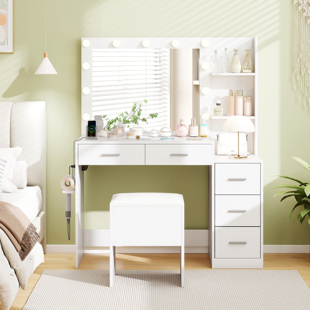 Makeup Table and Stool Set with Hair Dryer Stand-White