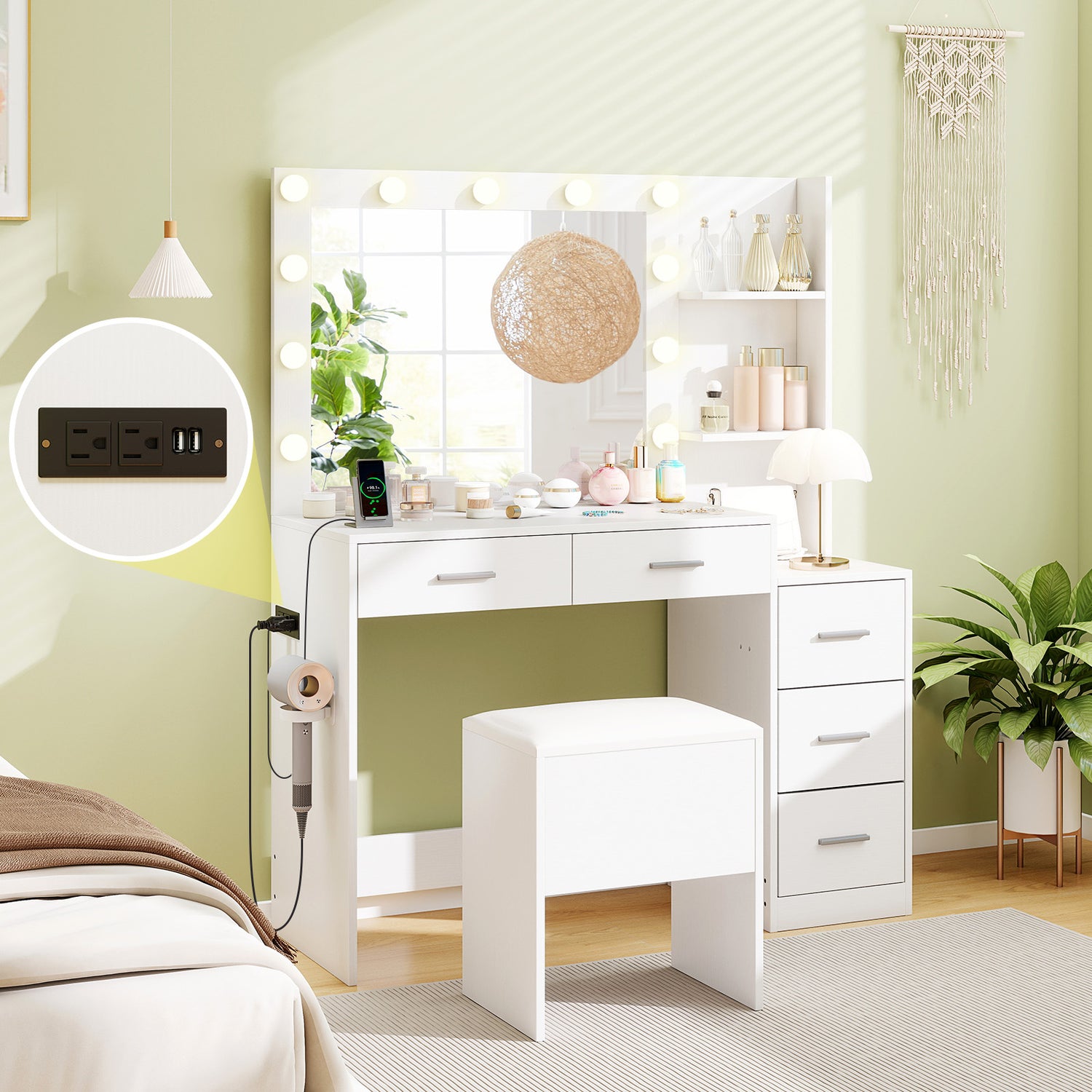 Makeup Table and Stool Set with Hair Dryer Stand-White