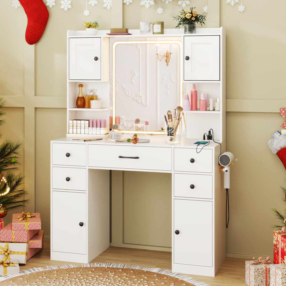 Makeup Vanity Desk with Lighted Mirror and Charging Station-White