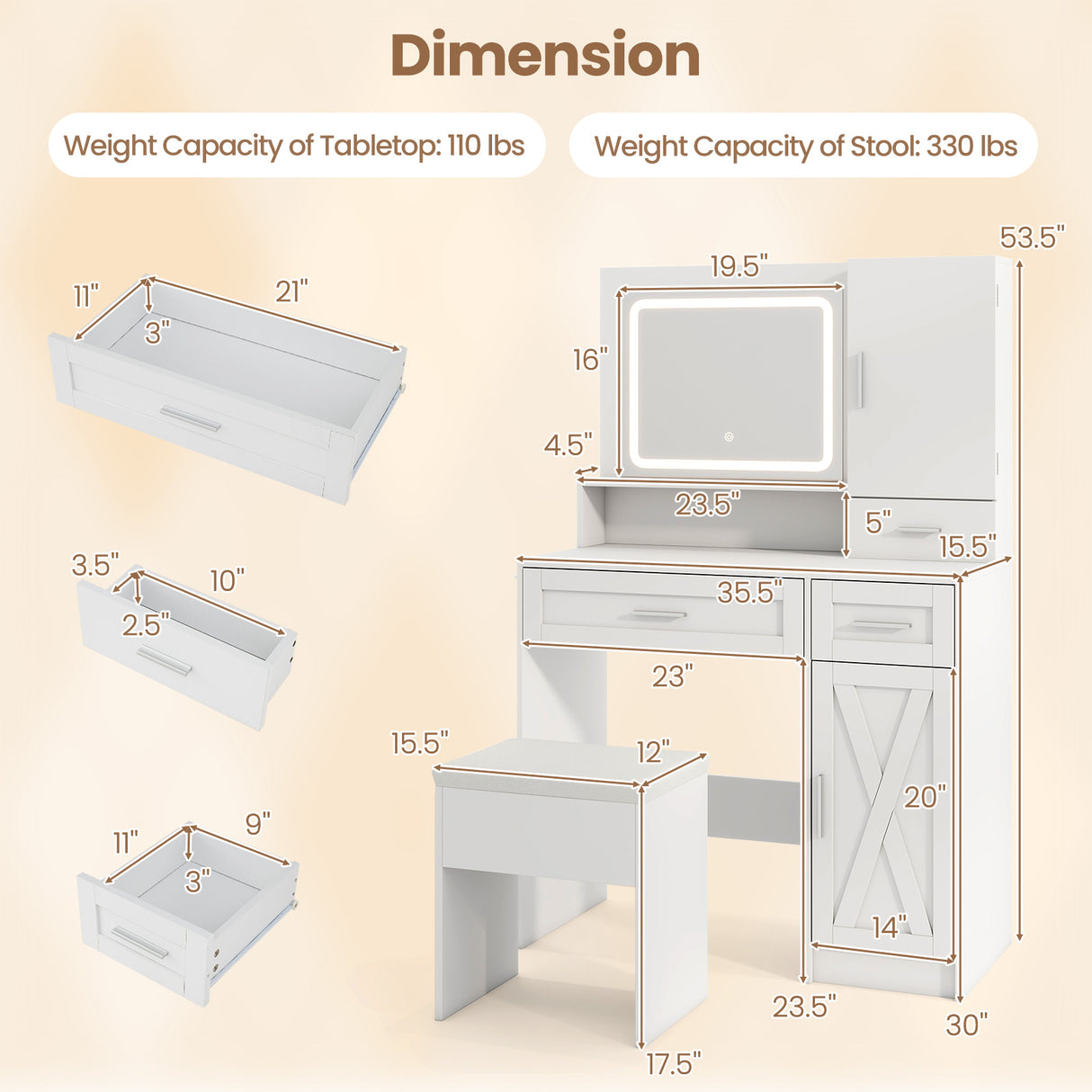 Makeup Vanity Desk with Mirror and Lights Dressing Table and Stool Set-White