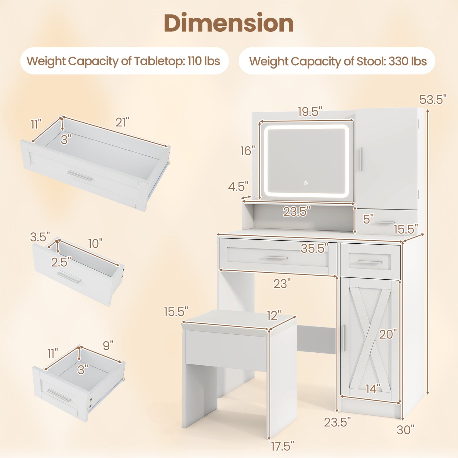 Makeup Vanity Desk with Mirror and Lights Dressing Table and Stool Set-White