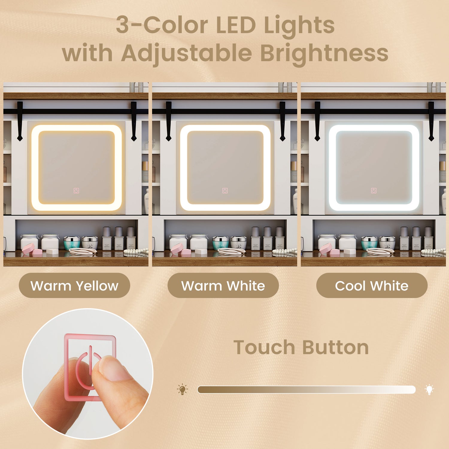 Makeup Vanity Desk with Mirror and 3-Color Dimmable LED Lights-White
