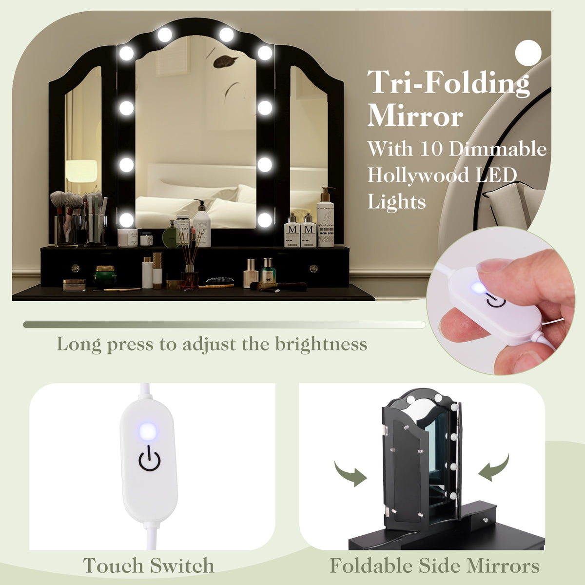 Makeup Vanity Table Set with Lighted Mirror and Drawers