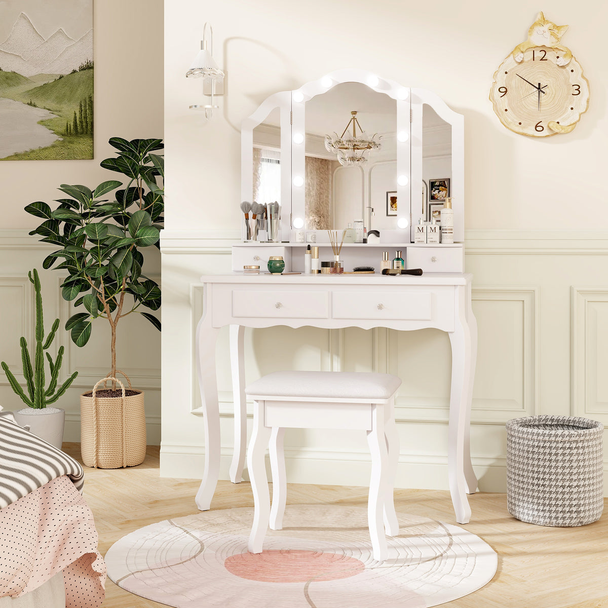 Makeup Vanity Table Set with Lighted Mirror and Drawers