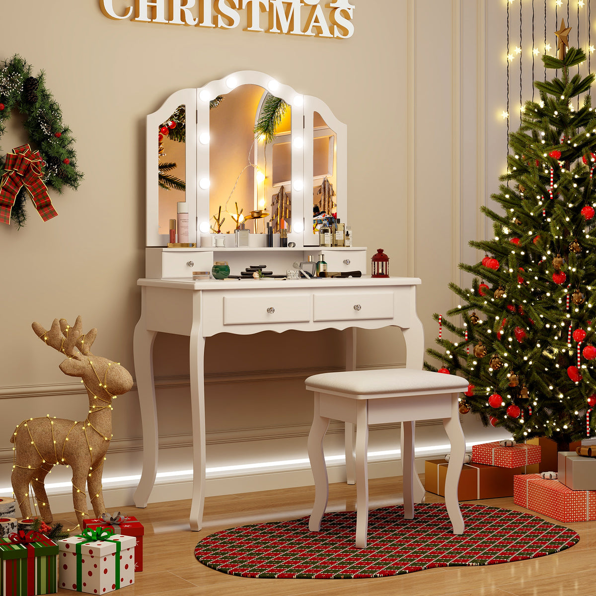 Makeup Vanity Table Set with Lighted Mirror and Drawers