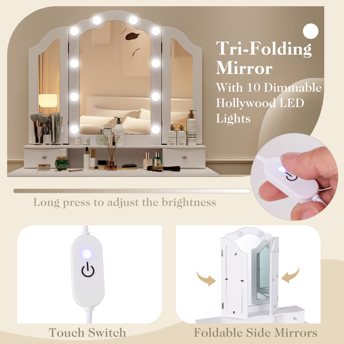 Makeup Vanity Table Set with Lighted Mirror and Drawers