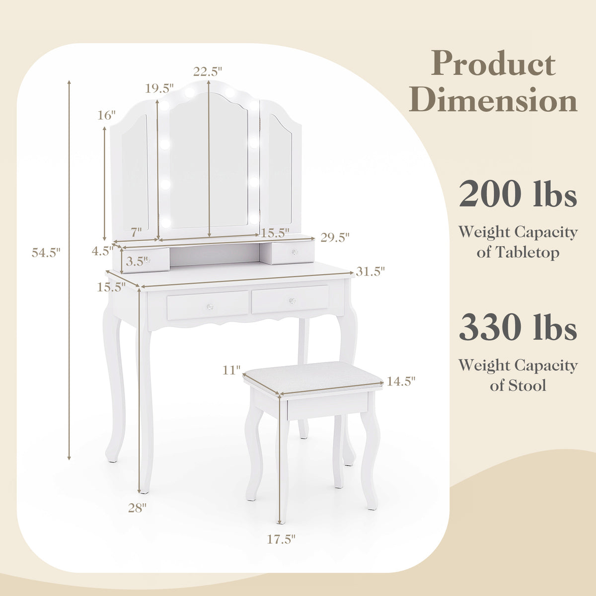 Makeup Vanity Table Set with Lighted Mirror and Drawers