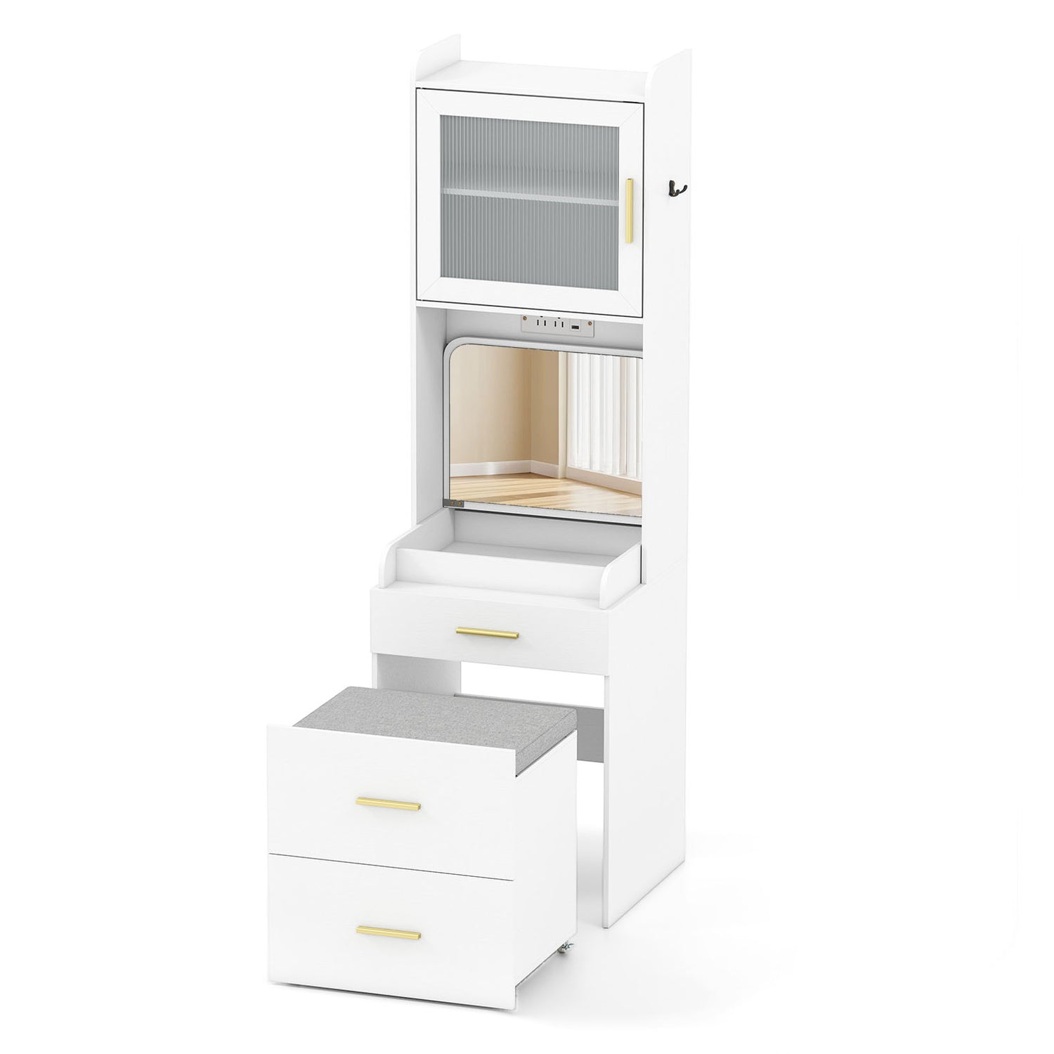 Makeup Vanity with Power Outlets and Flip-top Mirror and Storage Stool-White