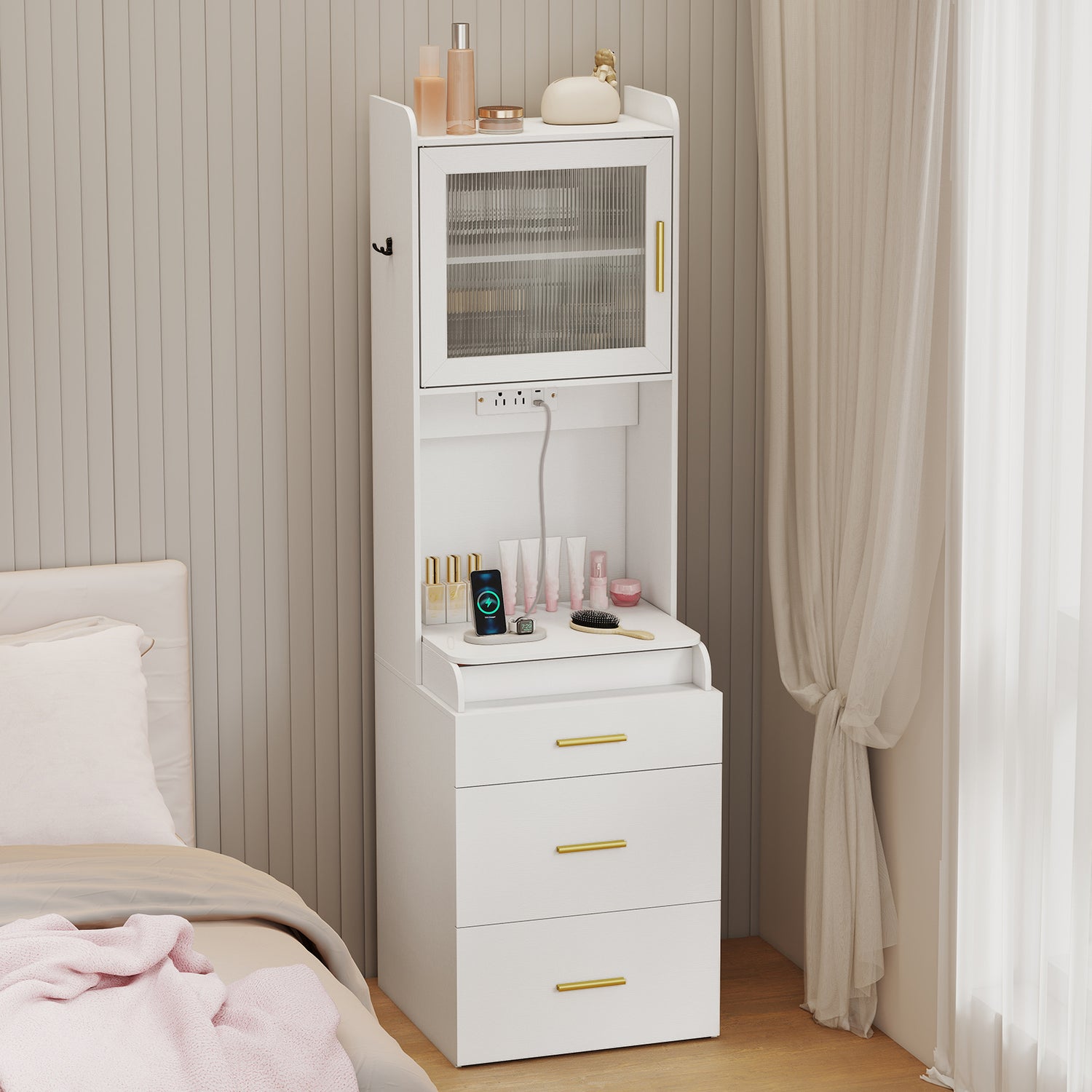 Makeup Vanity with Power Outlets and Flip-top Mirror and Storage Stool-White