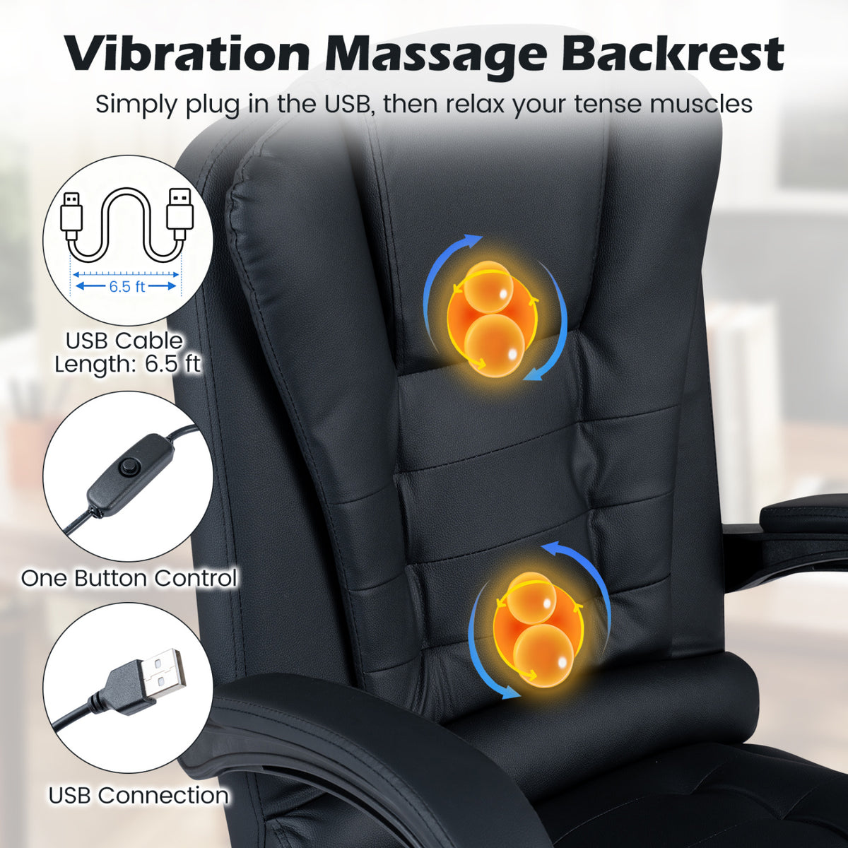 Massage Office Chair with Footrest & Reclining Backrest and Swivel Seat-Black