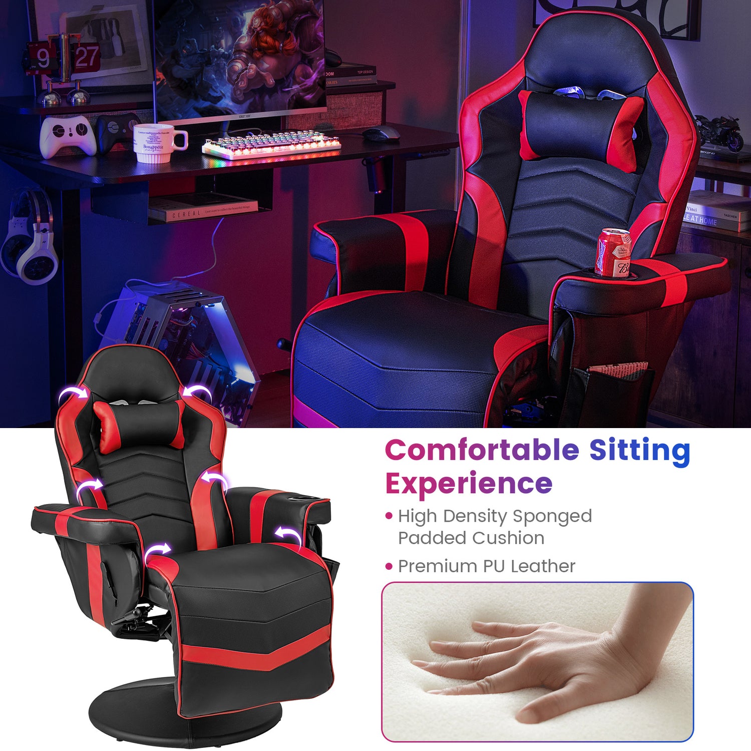 Massage Video Gaming Recliner Chair with Adjustable Height