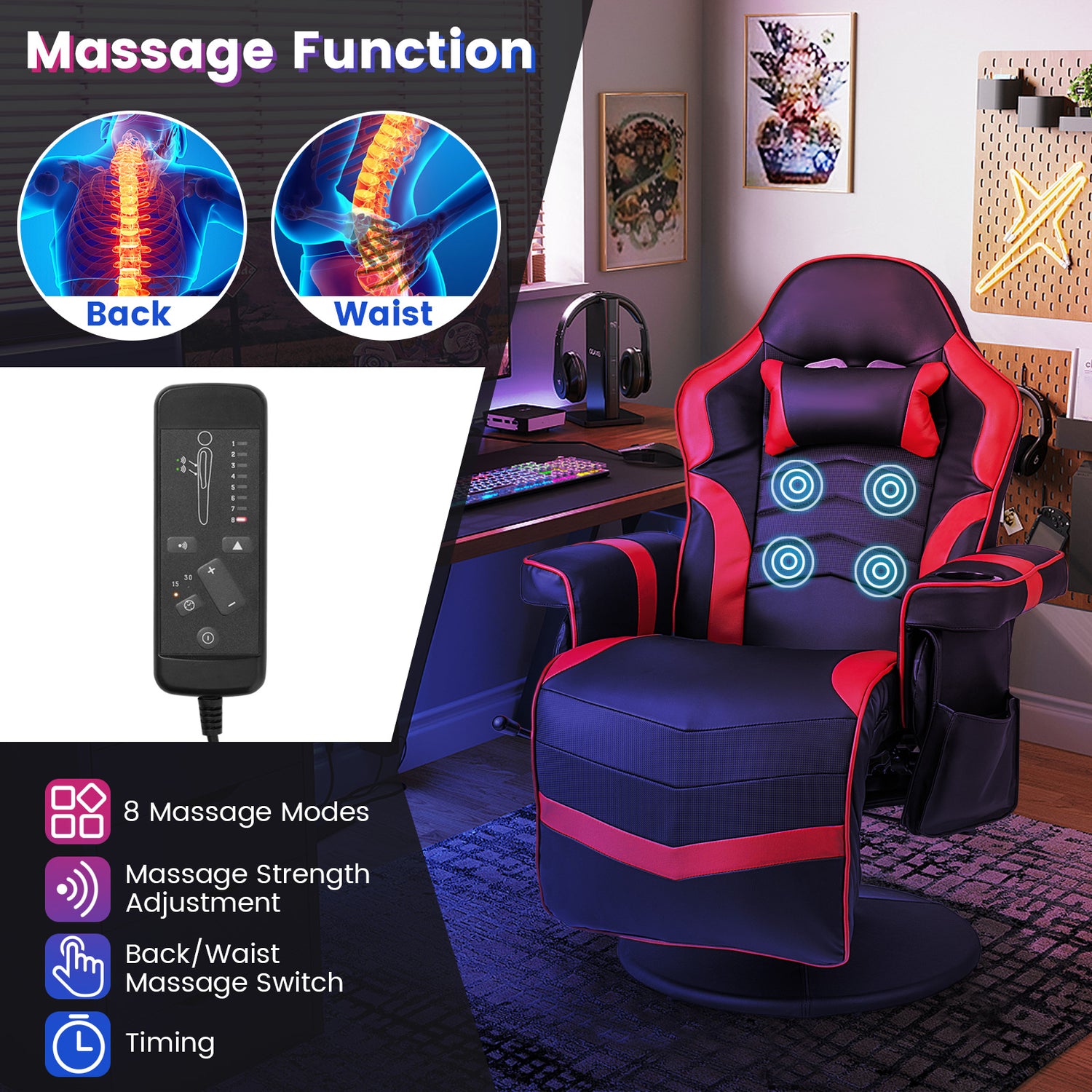 Massage Video Gaming Recliner Chair with Adjustable Height