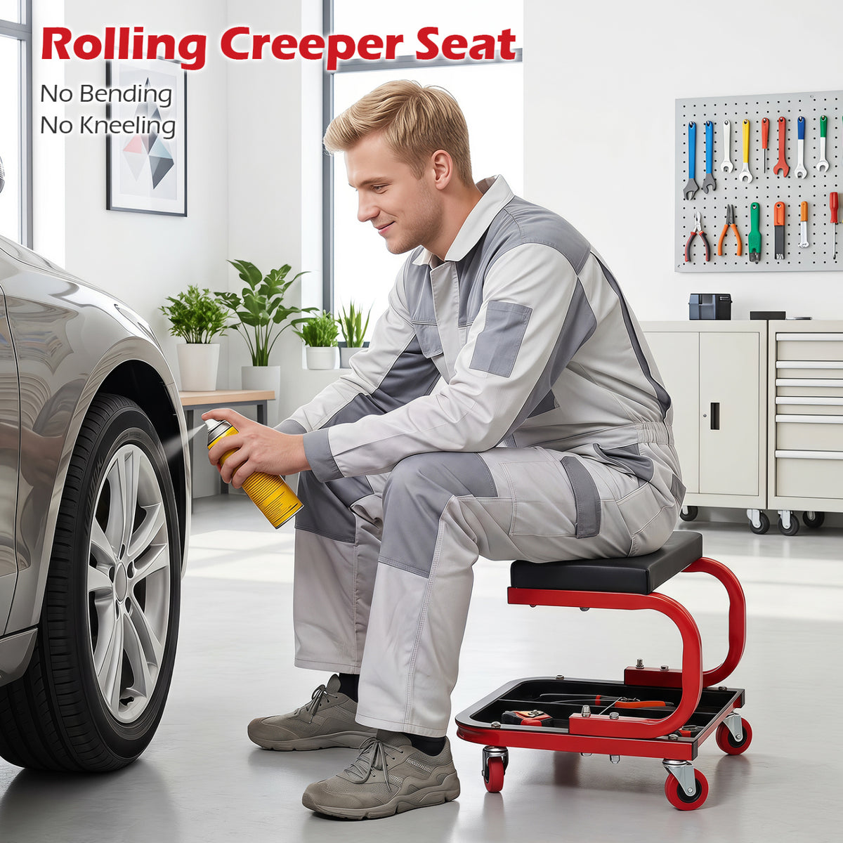 Mechanic Rolling Stool with Tool Trays and Magnetic Drawer for Garage-Red