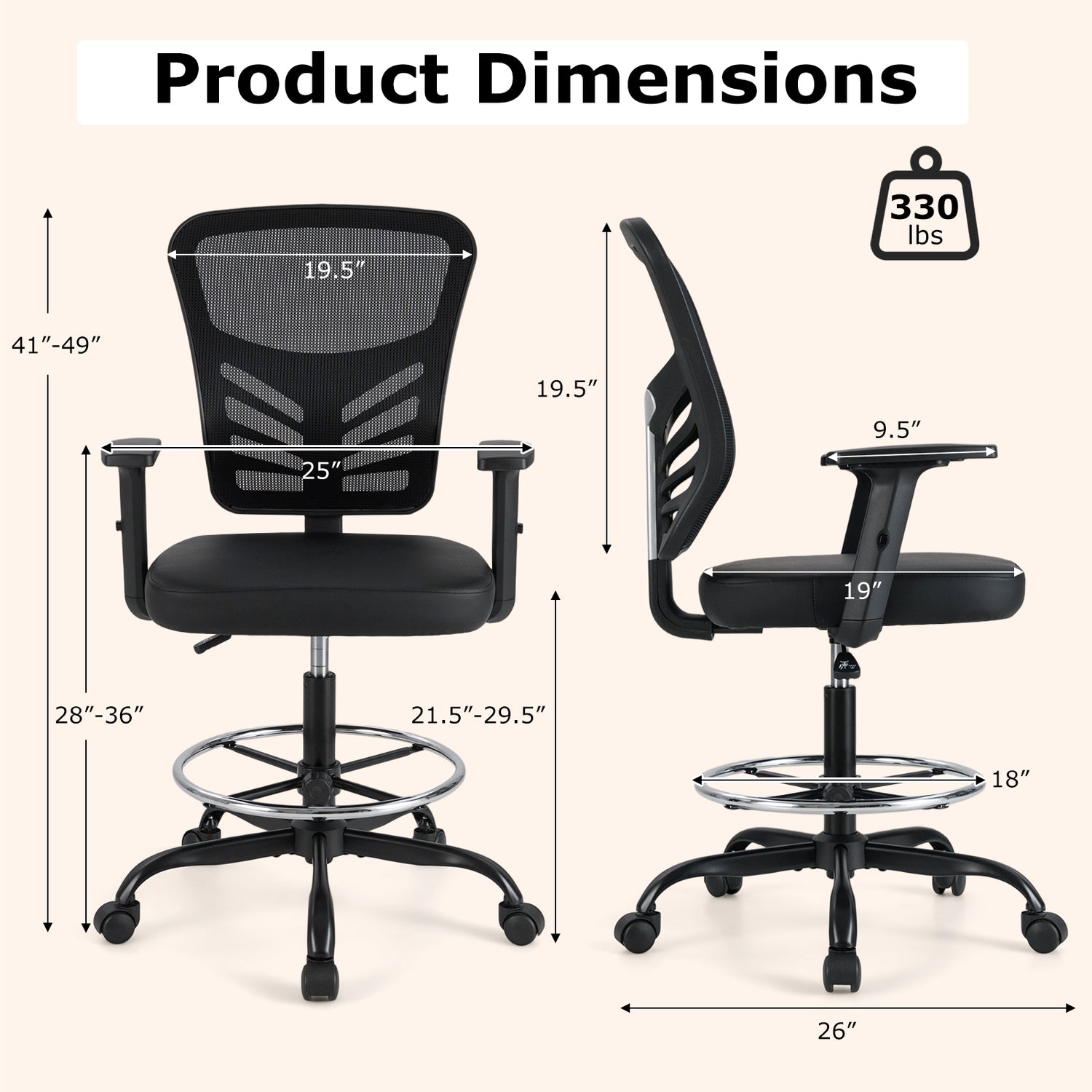 Mesh Drafting Chair Office Chair with Adjustable Armrests and Foot-Ring-Black