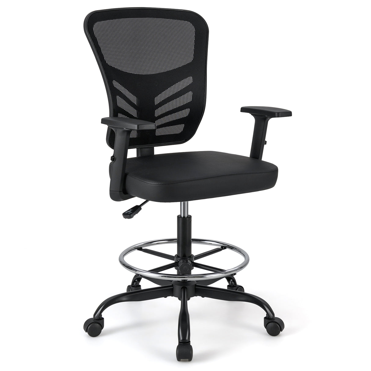 Mesh Drafting Chair Office Chair with Adjustable Armrests and Foot-Ring-Black