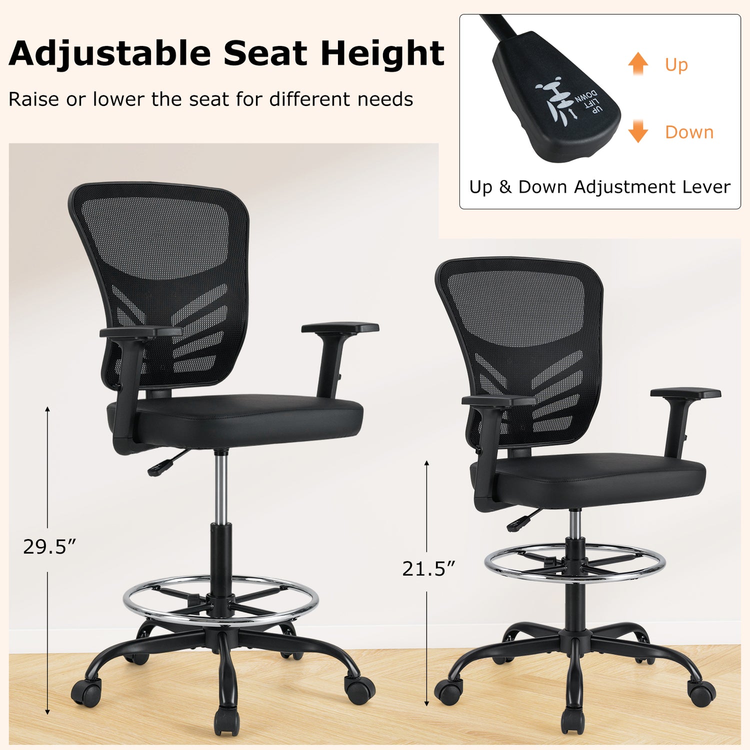 Mesh Drafting Chair Office Chair with Adjustable Armrests and Foot-Ring-Black
