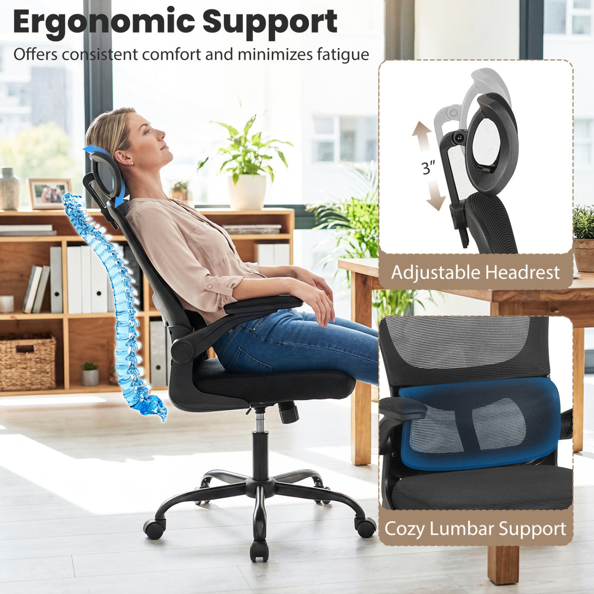 Mesh Office Chair with Adaptive Lumbar Support Flip-up Armrests Reclining Backrest-Black