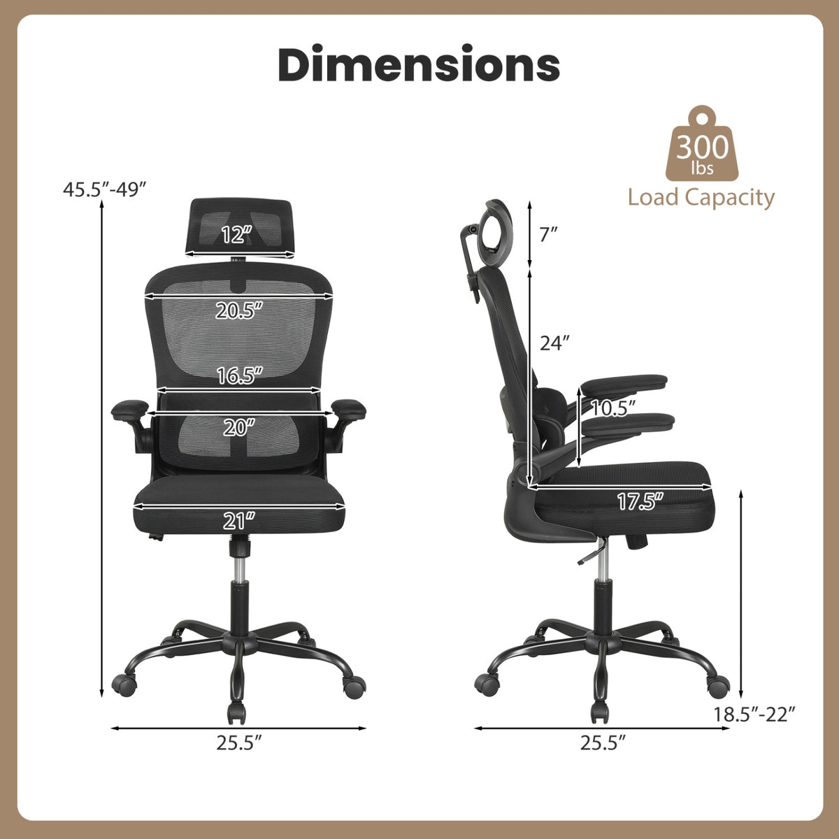 Mesh Office Chair with Adaptive Lumbar Support Flip-up Armrests Reclining Backrest-Black