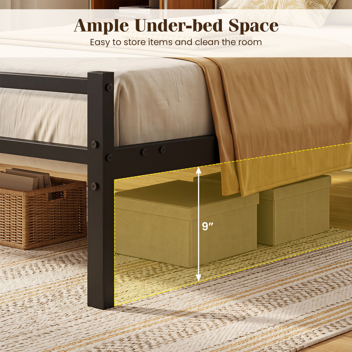 Metal Bed Frame with Upholstered Headboard-Twin Size