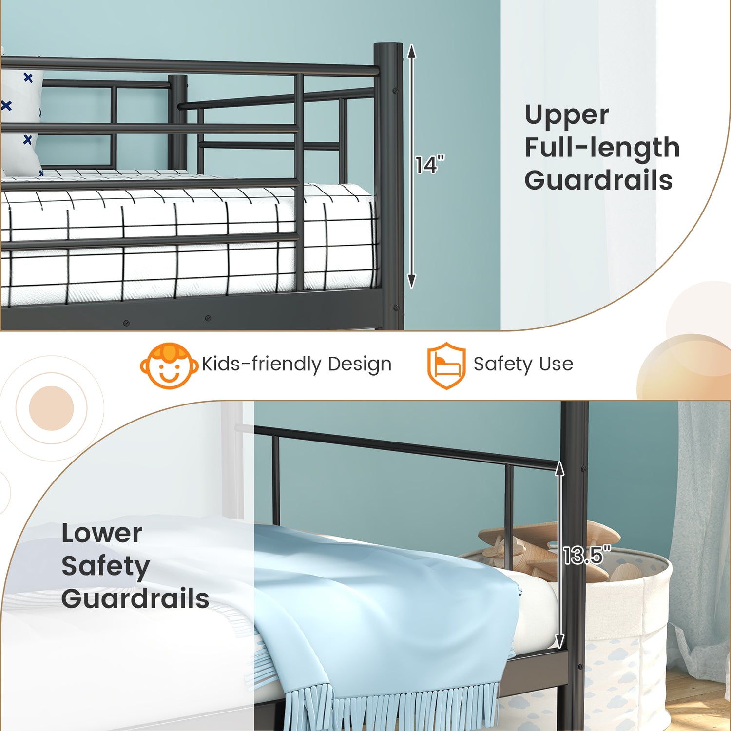 Metal Bunk Bed with Ladder and Full-length Guardrails-Black