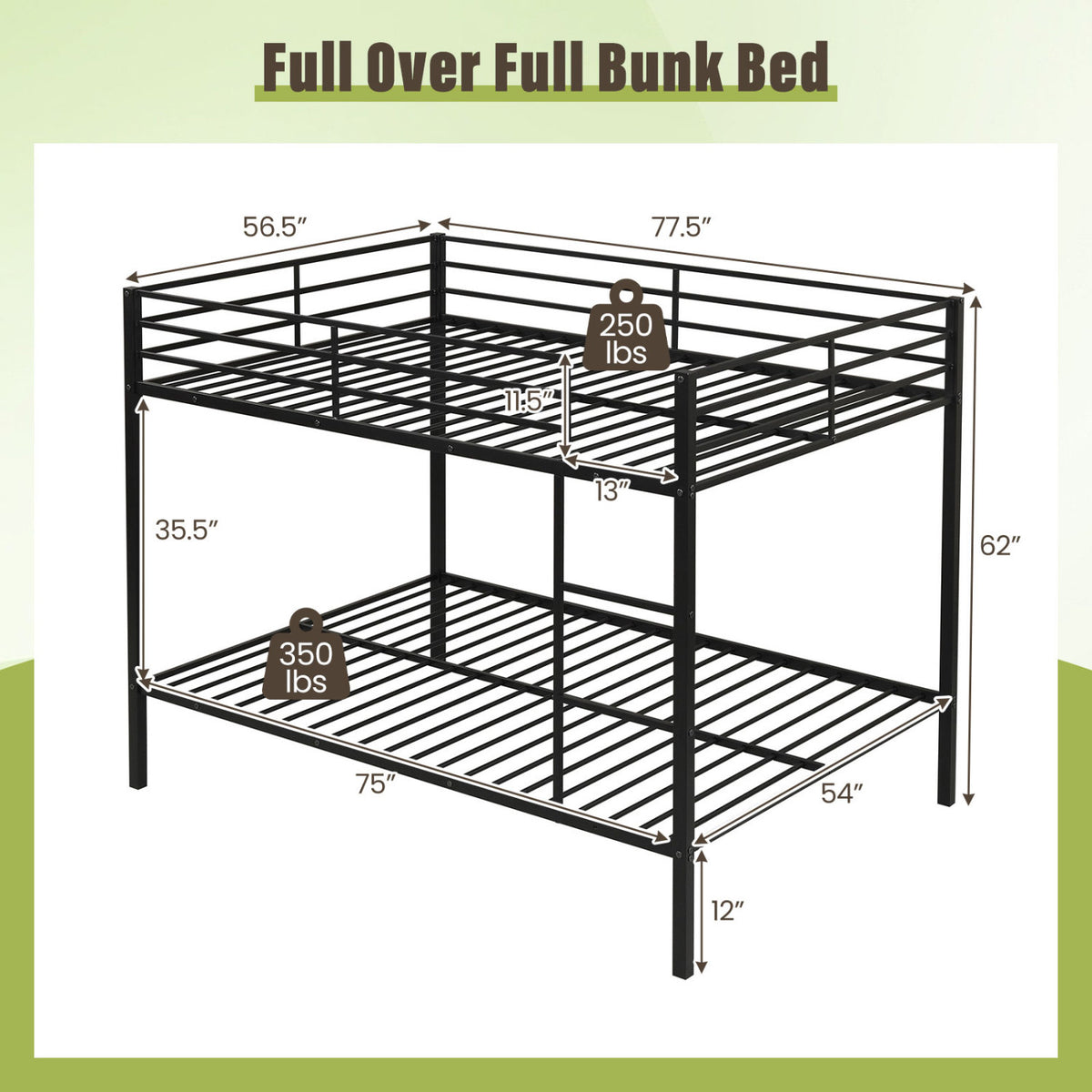 Metal Bunk Bed Full Over Full with Length Safety Guardrail-Black