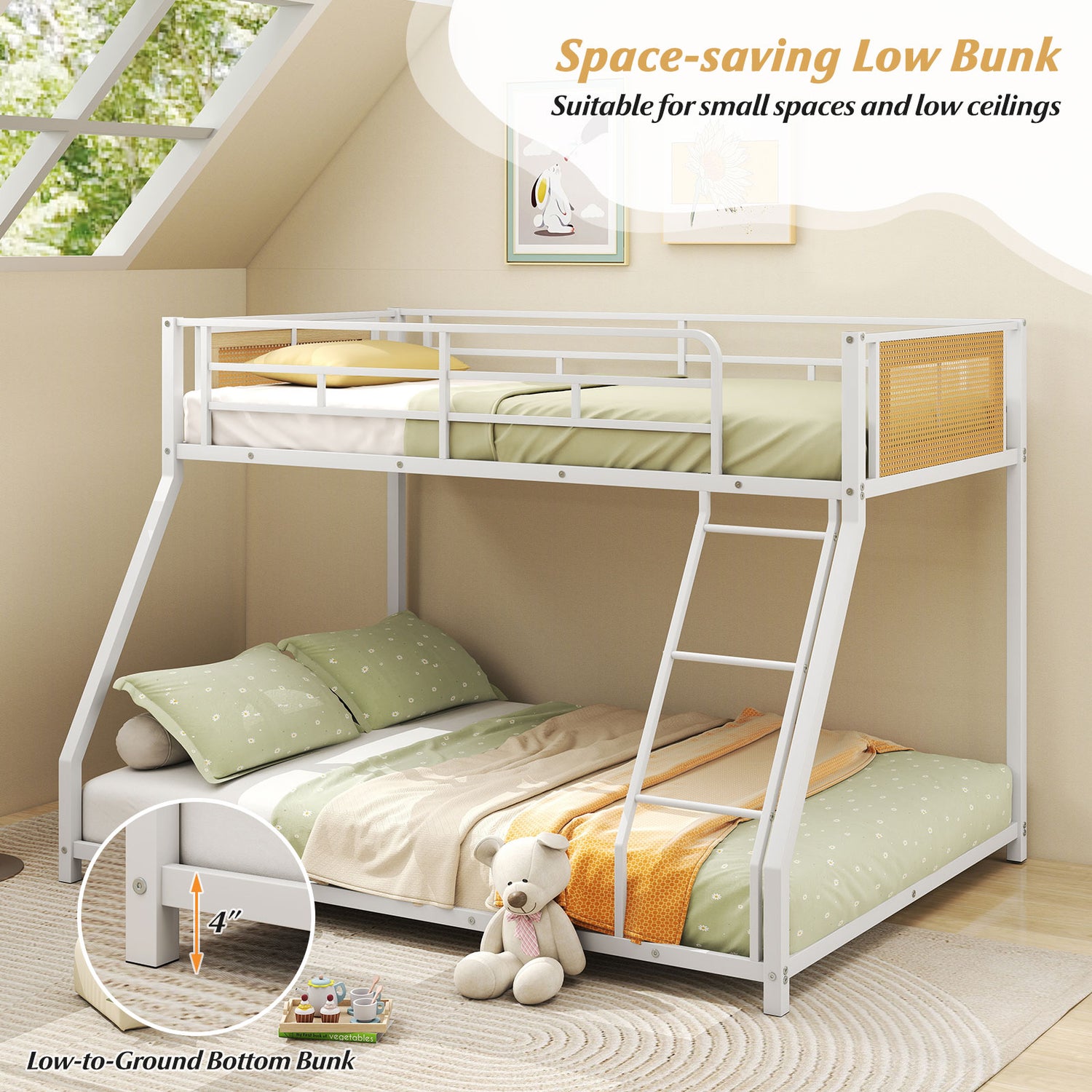 Metal Bunk Bed Twin Over Full with Full Length Safety Guardrail and Ramp Ladder
