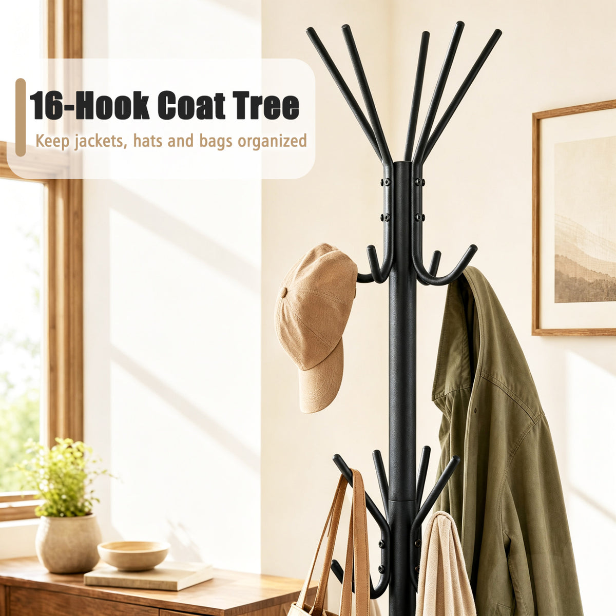 Metal Coat Rack Freestanding with 16 Hooks and 4 Legs for Entryway Office Bedroom-Black