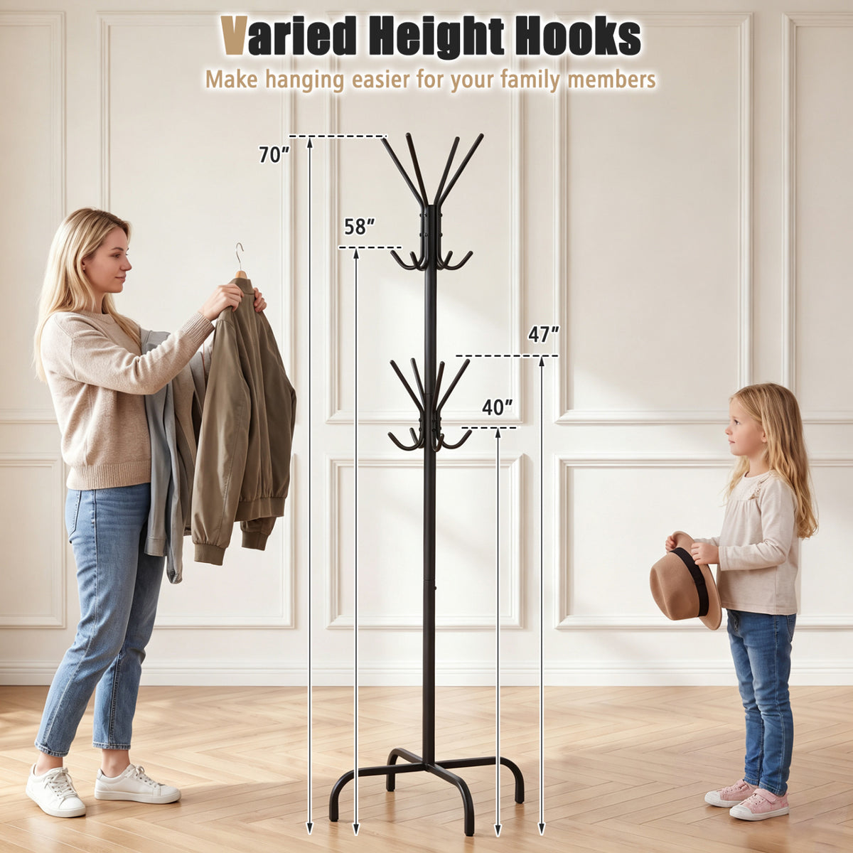 Metal Coat Rack Freestanding with 16 Hooks and 4 Legs for Entryway Office Bedroom-Black