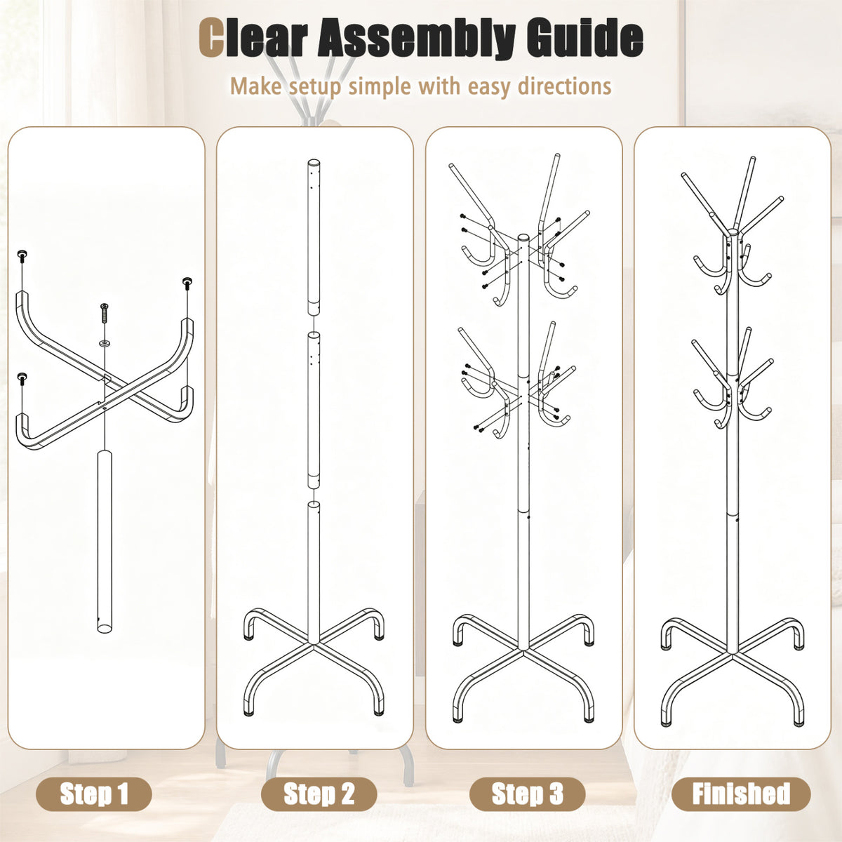 Metal Coat Rack Freestanding with 16 Hooks and 4 Legs for Entryway Office Bedroom-Black