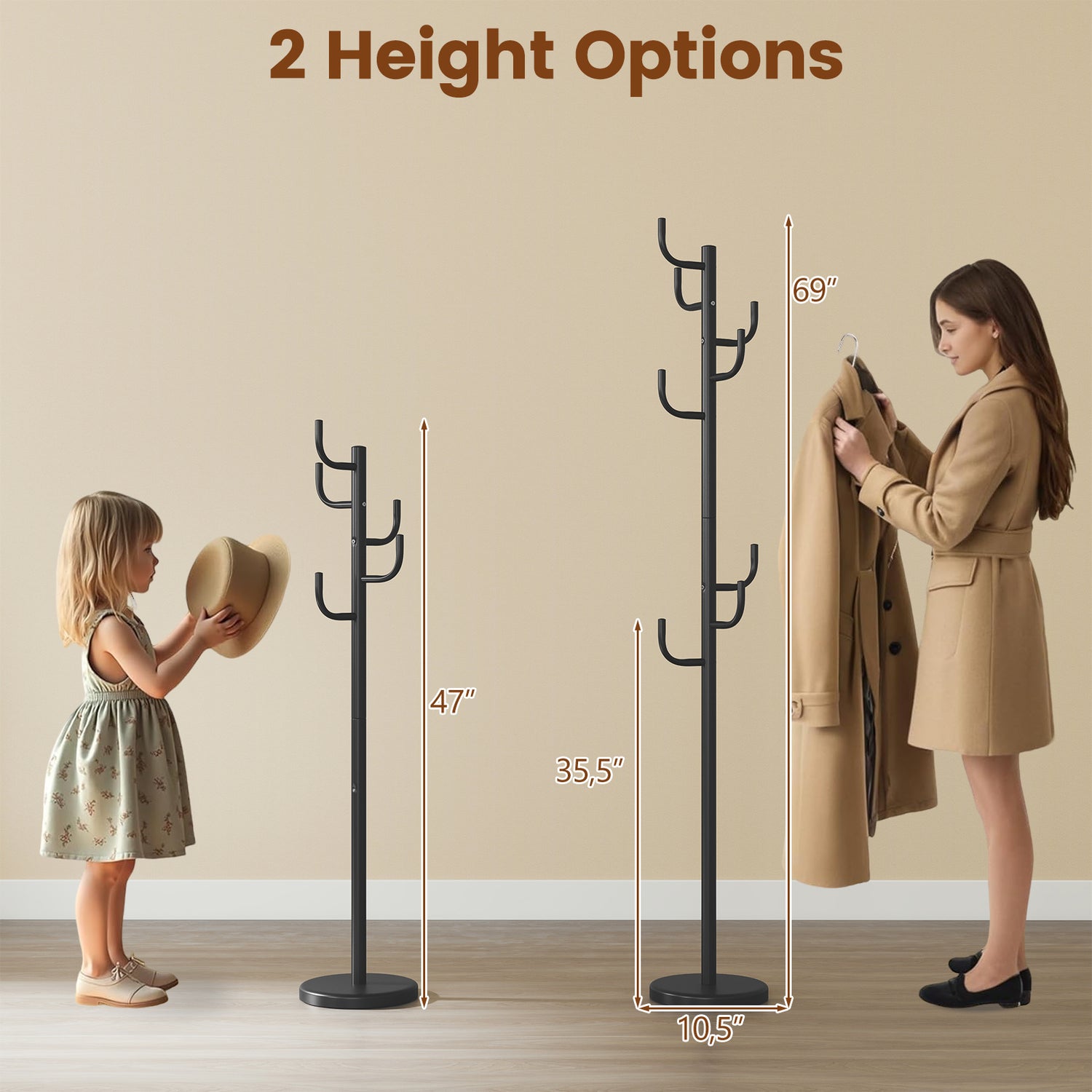 Metal Coat Rack Stand with 8 Sturdy Hooks and Metal Base