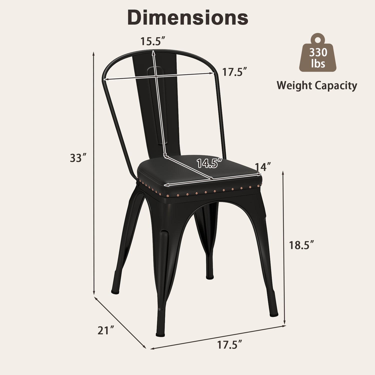 Metal Dining Chair Set of 4 Stackable Kitchen Chairs with Removable Backs and PU Leather Cushioned Seat-Black