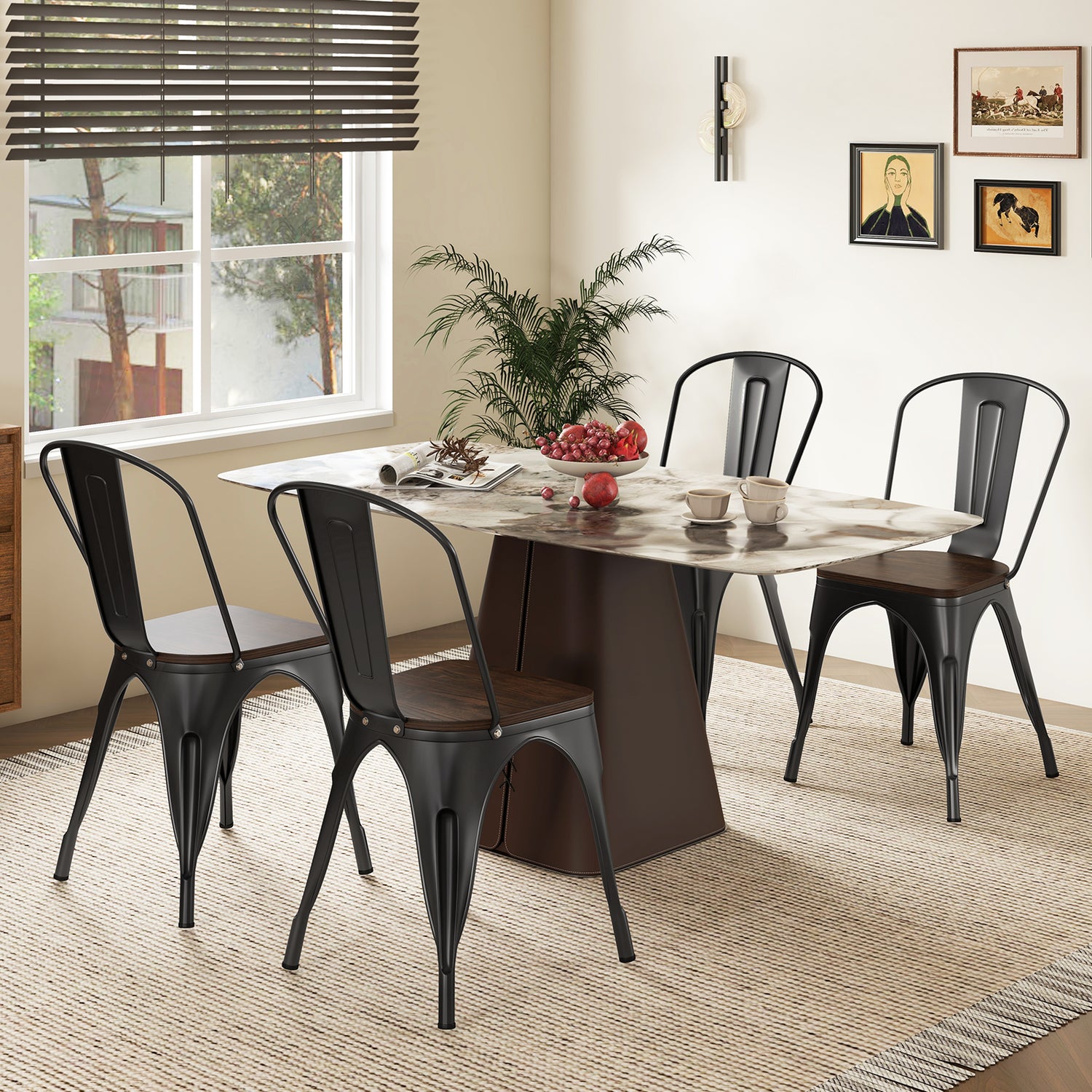 Metal Dining Chairs Set of 4 Tolix Style Stackable Kitchen Chairs with Wood Seat