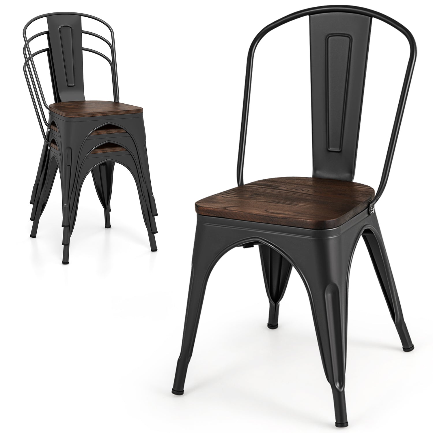 Metal Dining Chairs Set of 4 Tolix Style Stackable Kitchen Chairs with Wood Seat