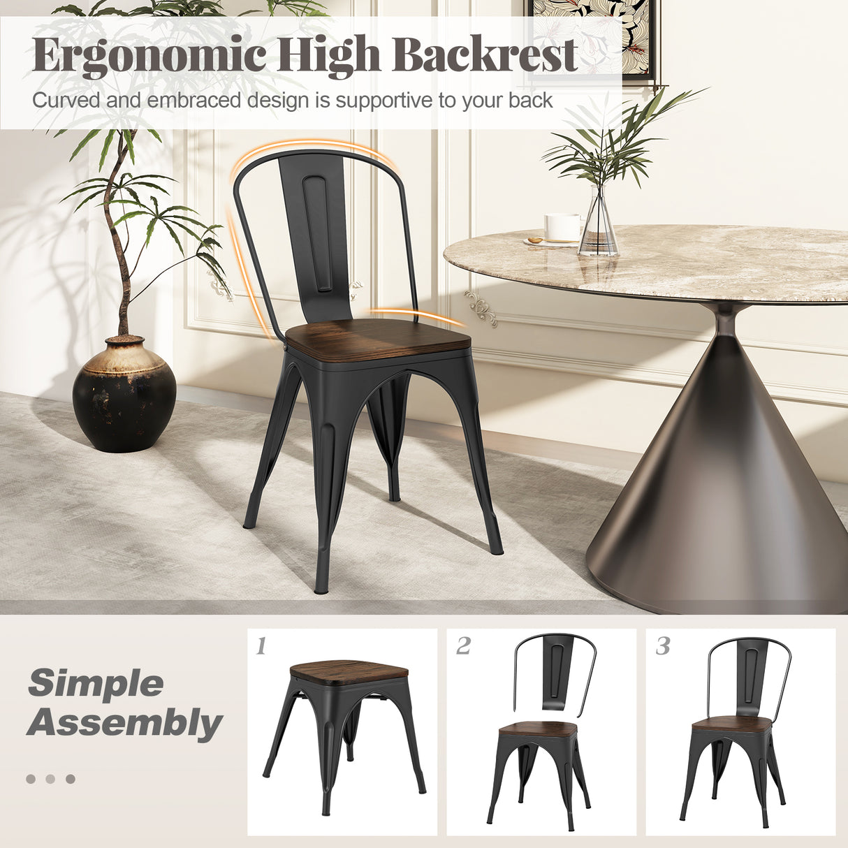 Metal Dining Chairs Set of 4 Tolix Style Stackable Kitchen Chairs with Wood Seat
