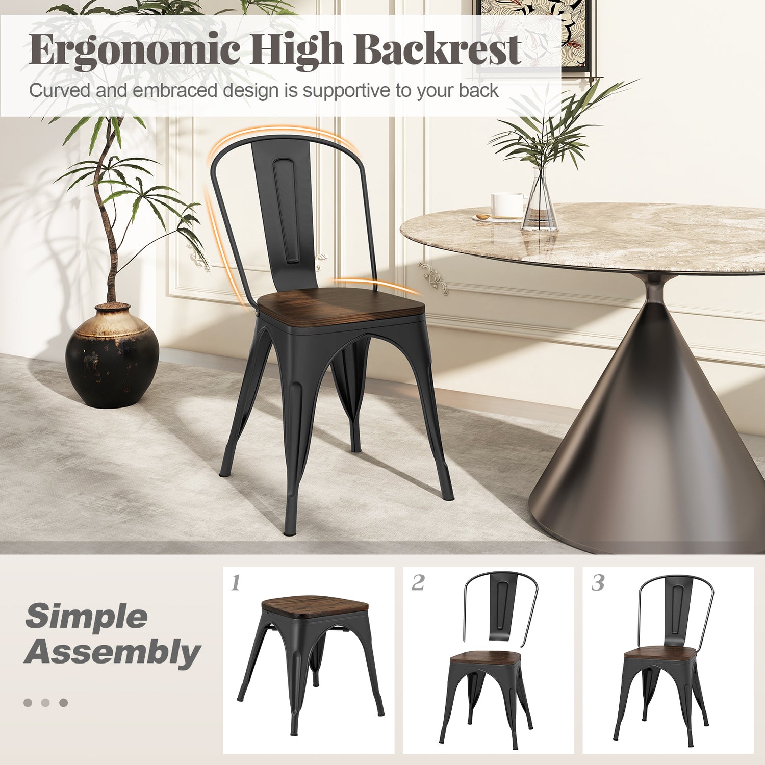 Metal Dining Chairs Set of 4 Tolix Style Stackable Kitchen Chairs with Wood Seat