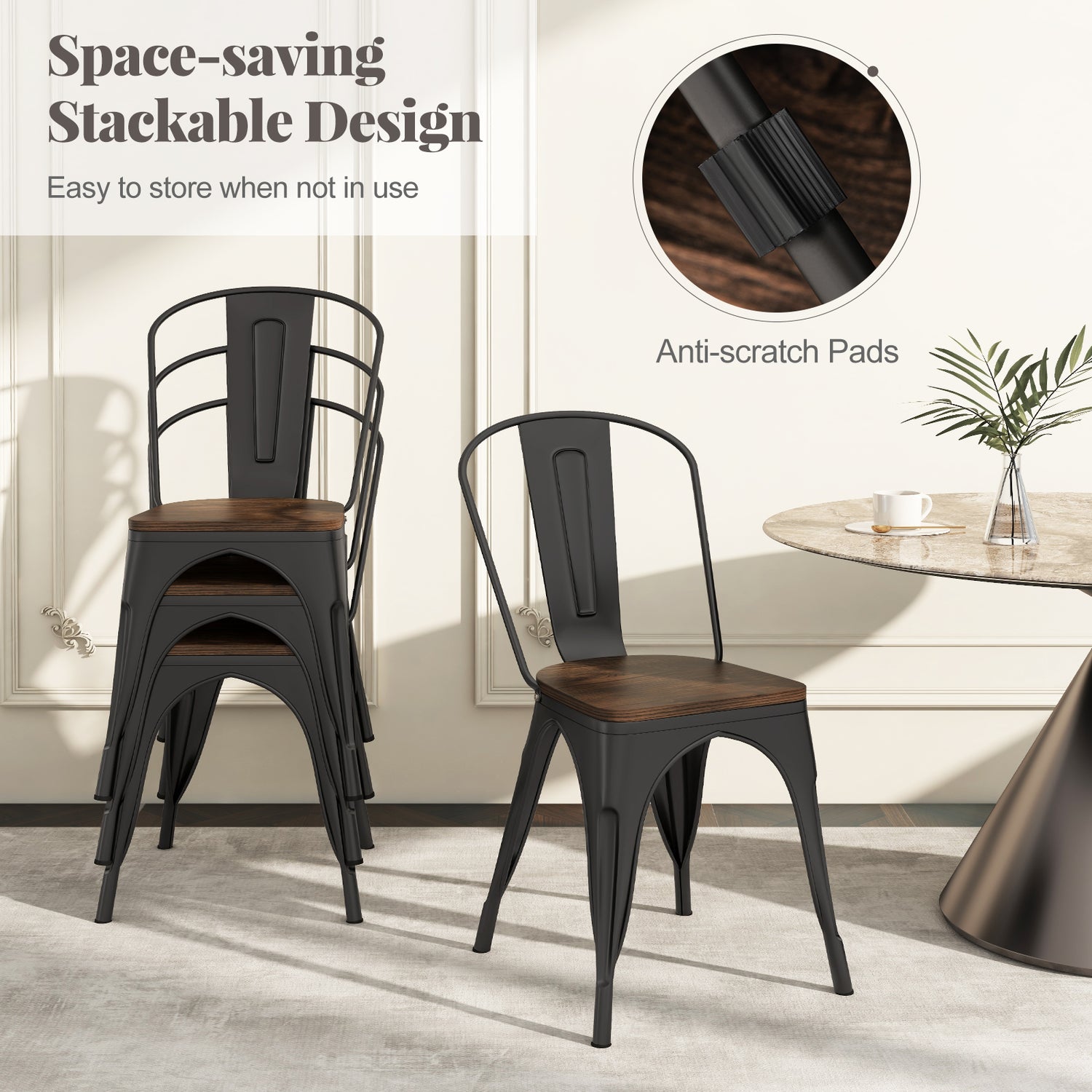Metal Dining Chairs Set of 4 Tolix Style Stackable Kitchen Chairs with Wood Seat