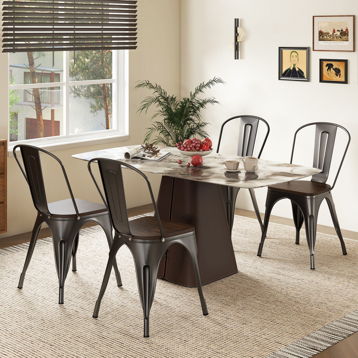 Metal Dining Chairs Set of 4 Tolix Style Stackable Kitchen Chairs with Wood Seat