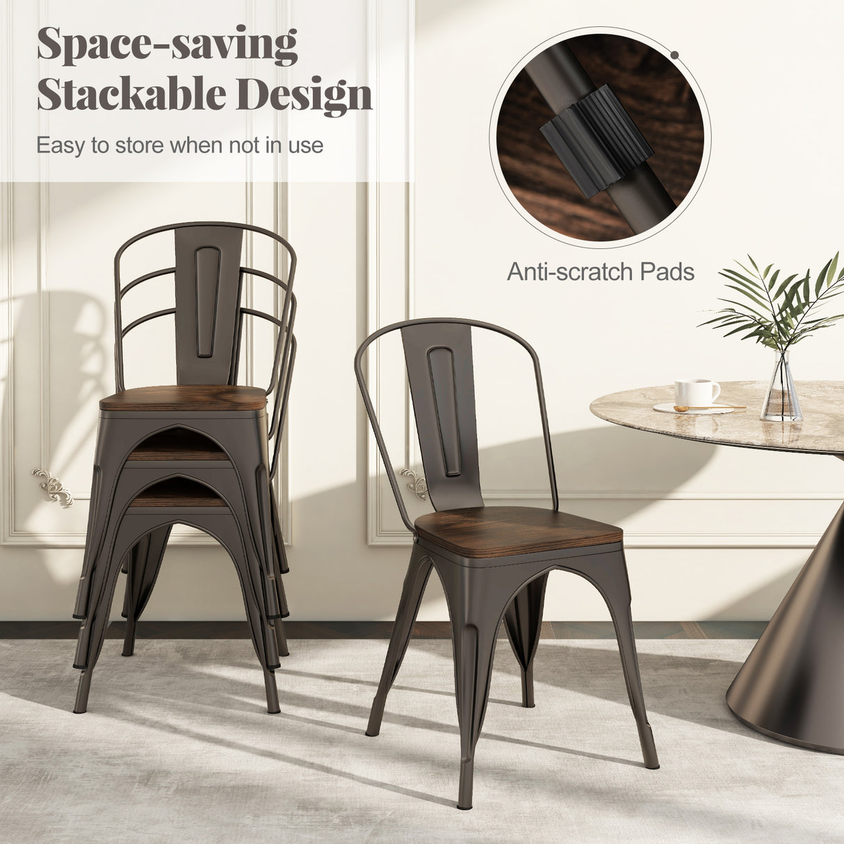 Metal Dining Chairs Set of 4 Tolix Style Stackable Kitchen Chairs with Wood Seat